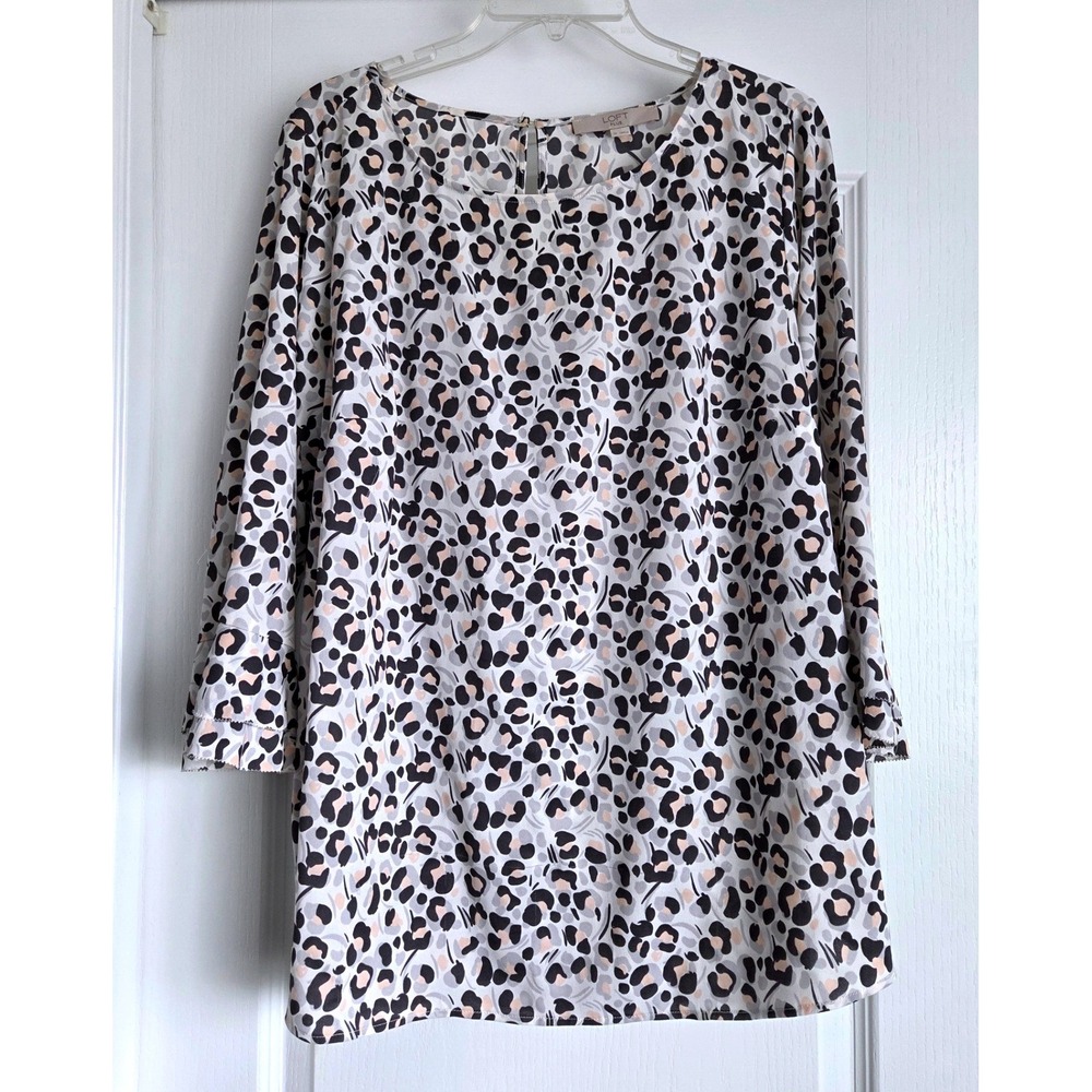 LOFT Plus Leopard Print Ruffle Sleeve Blouse Grey Black Peach Size 16 Office